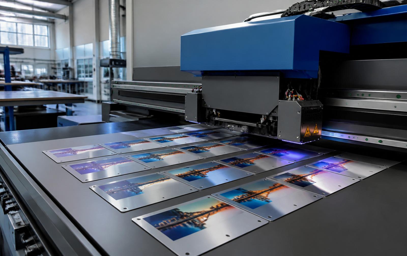 UV flatbed printing metal nameplates in our UK production facility